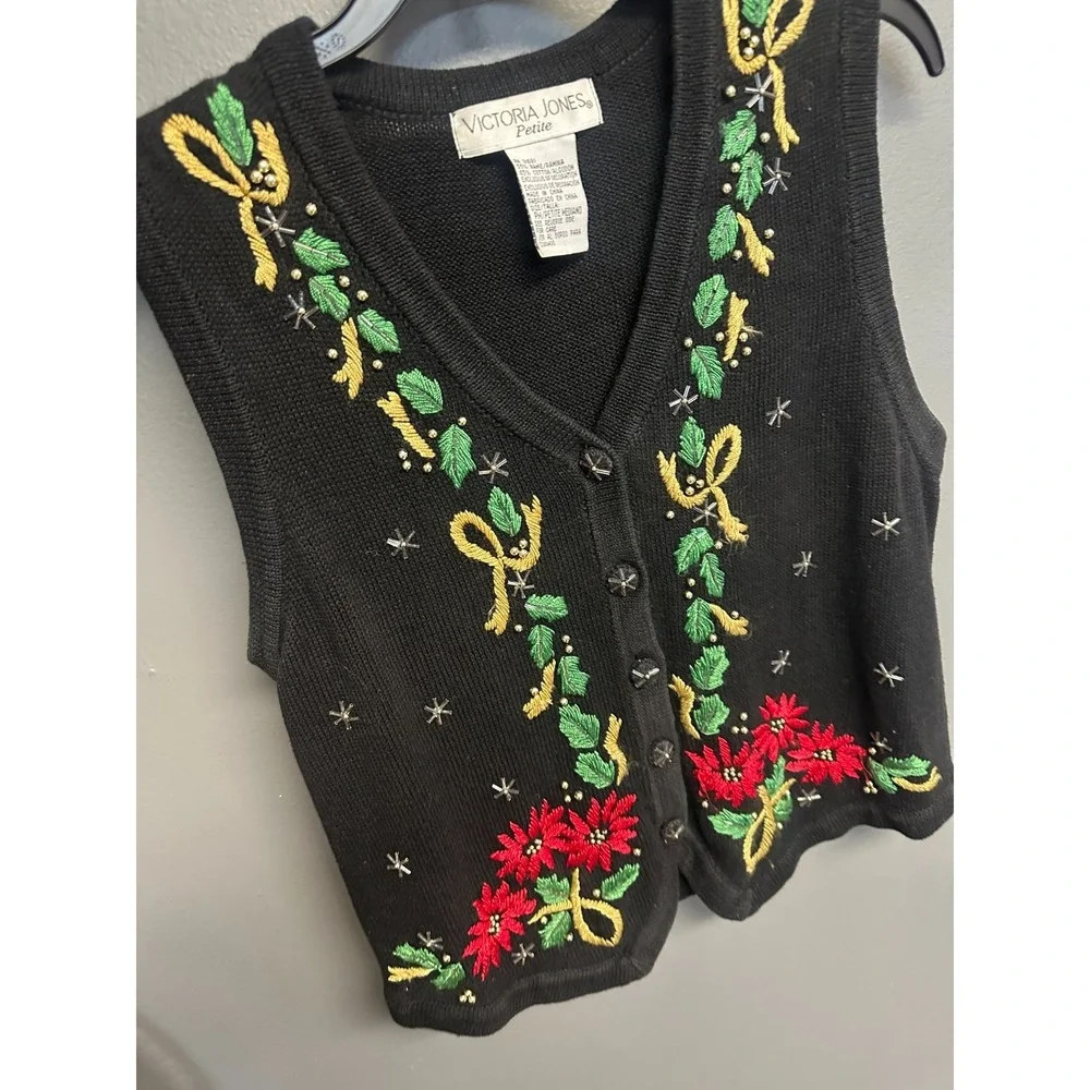 Vtg 90's Victoria Jones Christmas Sweater Sz M Petite Vest Blk Beaded Poinsettia